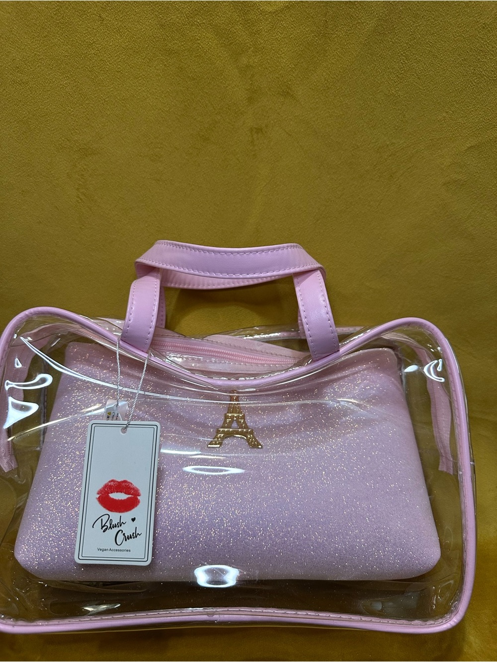 Pink Glitter Tote with Clear Outer Shell and Eiffel Accent